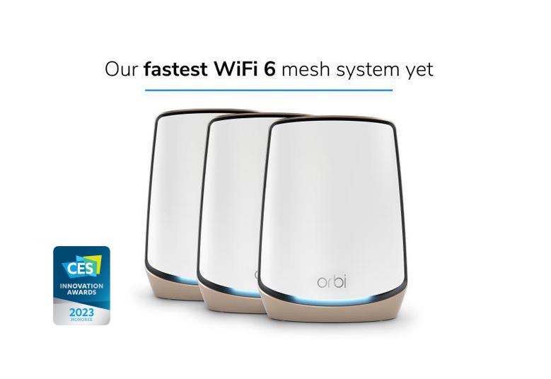 AX6000 Mesh WiFi System (RBK863S) Orbi 860 Series Tri-Band WiFi 6 Mesh System, 6Gbps, 10 Gig Port, 3-Pack, with 1-year NETGEAR Armor included