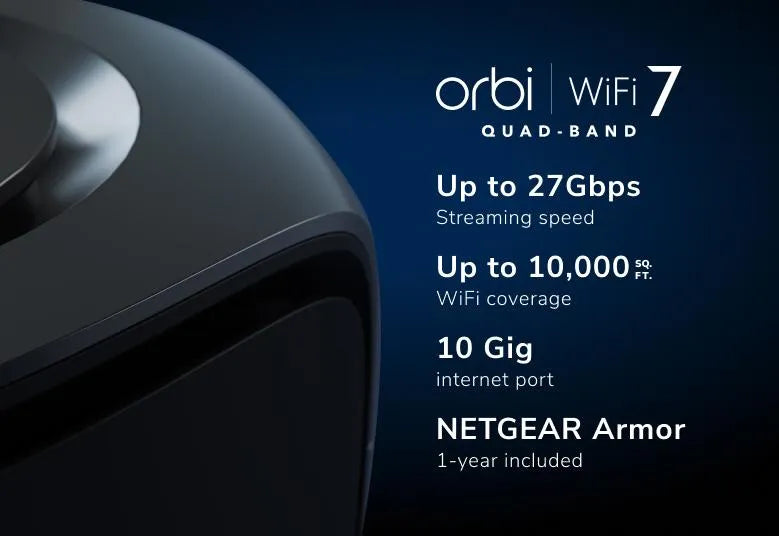 BE27000 Mesh WiFi System (RBE973SB) Orbi 970 Series Quad-Band WiFi 7 Mesh System, Black, 27Gbps, 3-Pack